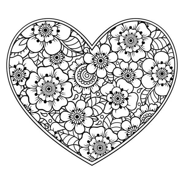 Patrón Flores Mehndi Forma Corazón Para Dibujo Tatuaje Henna Decoración — Archivo Imágenes Vectoriales