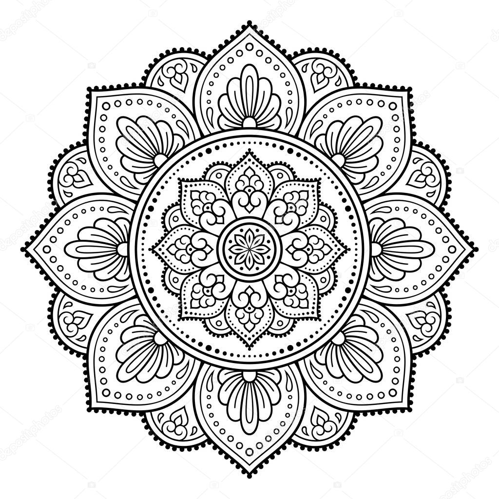 Circular pattern in form of mandala with flower for Henna, Mehndi, tattoo, decoration. Decorative ornament in ethnic oriental style. Outline doodle hand draw vector illustration. Coloring book page.