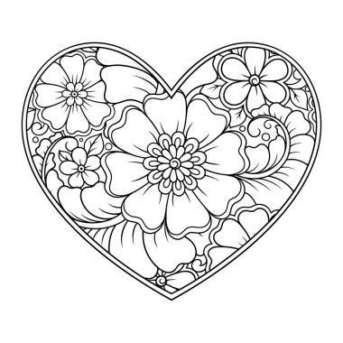 Kına çizimi ve dövme için kalp şeklinde Mehndi çiçek deseni. Etnik doğuya özgü dekorasyon, Hint tarzı. Sevgililer Günü selamları. Boyama kitabı sayfası.