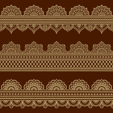Mehndi, Henna çizimi ve dövmesi için kusursuz sınır desenleri. Etnik doğuya özgü dekorasyon, Hint tarzı. Karalama süsü. El çizimi vektör illüstrasyonu.