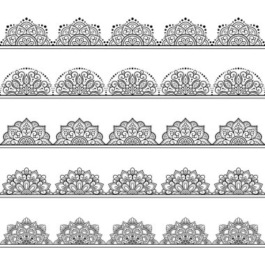 Mehndi, Henna çizimi ve dövmesi için kusursuz sınır desenleri. Etnik doğuya özgü dekorasyon, Hint tarzı. Karalama süsü. El çizimi vektör illüstrasyonu.