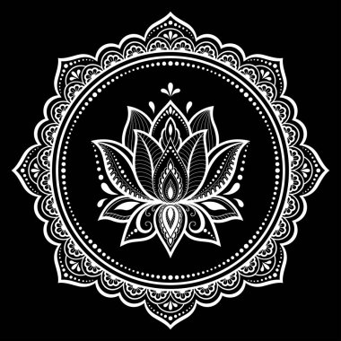 Henna, Mehndi, dövme ve süsleme için nilüfer çiçeği içeren dairesel desen. Etnik doğu tarzında dekoratif süs. Çizim el çizimi vektör illüstrasyonuName.