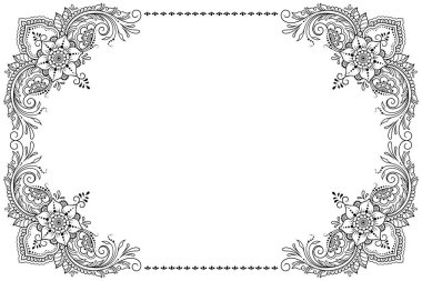 Kınalı dövmeler, defter, tabut, dergi, kartpostal ve klasör için dekoratif desenler. Mehndi tarzında çiçek. Doğu geleneğinde çerçeve.
