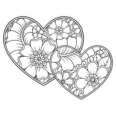 Kına çizimi ve dövme için kalp şeklinde Mehndi çiçek deseni. Etnik doğuya özgü dekorasyon, Hint tarzı. Sevgililer Günü selamları. Boyama kitabı sayfası.