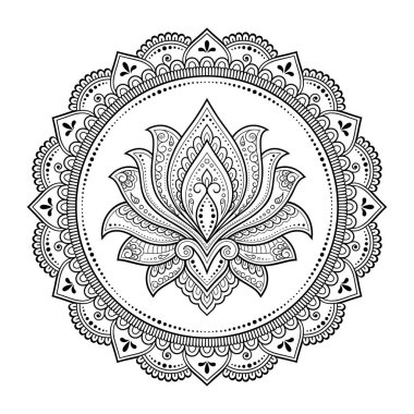Henna, Mehndi, dövme ve süsleme için nilüfer çiçeği içeren dairesel desen. Etnik doğu tarzında dekoratif süs. Çizim el çizimi vektör illüstrasyonuName.