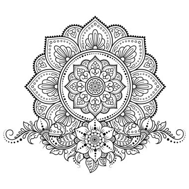 Kına, Mehndi, dövme ve dekorasyon için çiçekli dairesel desen. Etnik doğu tarzında dekoratif süs. Çizim el çizimi vektör illüstrasyonuName.