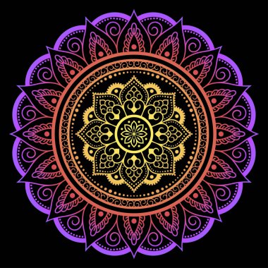 Renkli dairesel desen, mandala şeklinde, çiçek desenli, desenli. Etnik doğu tarzında dekoratif süs. Siyah arkaplanda gökkuşağı tasarımı.