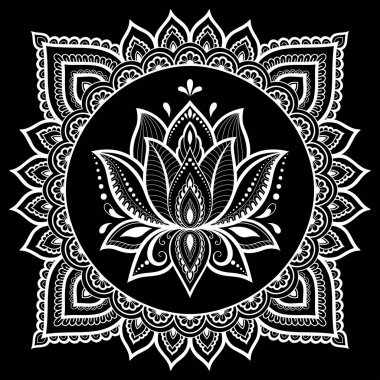 Henna, Mehndi, dövme ve süsleme için nilüfer çiçeği içeren dairesel desen. Etnik doğu tarzında dekoratif süs. Çizim el çizimi vektör illüstrasyonuName.