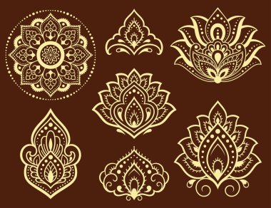 Mehndi çiçek desenleri ve kına çizimi ve dövme için mandala. Etnik doğuya özgü dekorasyon, Hint tarzı. Karalama süsü. El çizimi vektör illüstrasyonu.