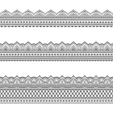 Mehndi, Henna çizimi ve dövmesi için kusursuz sınır desenleri. Etnik doğuya özgü dekorasyon, Hint tarzı. Karalama süsü. El çizimi vektör illüstrasyonu.