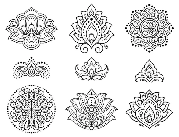 Sada Květinového Vzoru Mehndi Mandaly Pro Kresbu Tetování Henny Dekorace — Stockový vektor