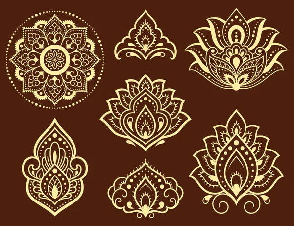 Conjunto Patrón Flores Mehndi Mandala Para Dibujo Tatuaje Henna Decoración — Vector de stock