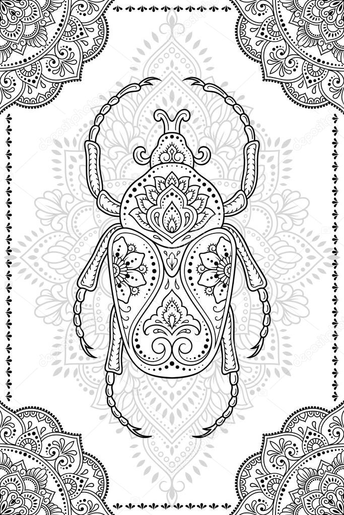 Bug decorated with seamless Indian ethnic floral vintage pattern. Hand drawn decorative insect in doodle style on mandala in frame. Stylized mehndi ornament for tattoo, print, book and coloring page.