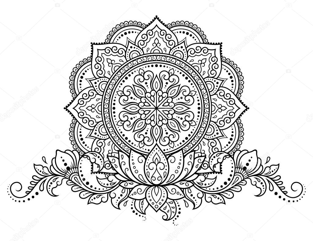 Circular pattern in form of mandala with flower for Henna, Mehndi, tattoo, decoration. Decorative ornament in ethnic oriental style. Outline doodle hand draw vector illustration.