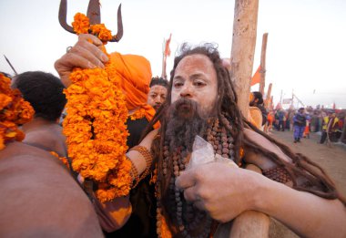  Kalabalık Kumbh Mela Festival, dünyanın en büyük dini toplama, Allahabad, Uttar Pradesh, Hindistan.