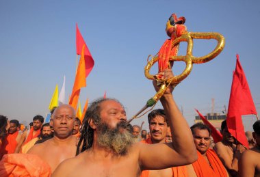  Kalabalık Kumbh Mela Festival, dünyanın en büyük dini toplama, Allahabad, Uttar Pradesh, Hindistan.