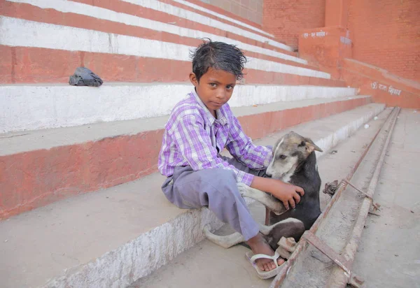 Portrait Little Indian Boy Dog City Street — Stock Photo, Image