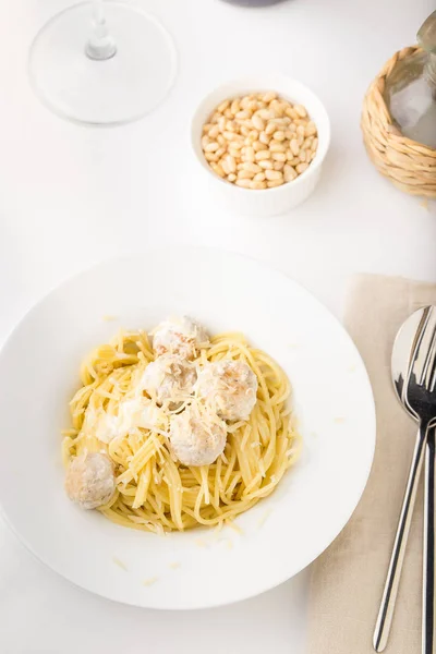 Spaghetti Creamy Chicken Meatballs Served White Plate Pine Nuts — Stock Photo, Image