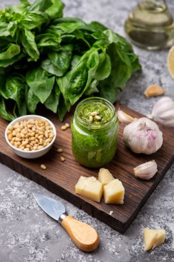 Pesto sos malzemeler (taze fesleğen, peynir, çam fıstığı, sarımsak ile bir şişe)
