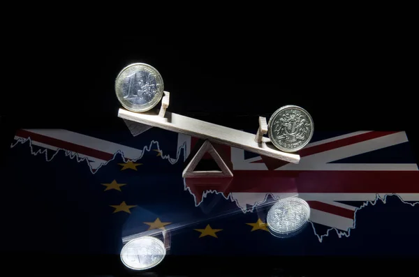 Euro ve sterlin ahşap bir salıncak üzerinde sikkeleri. Bir