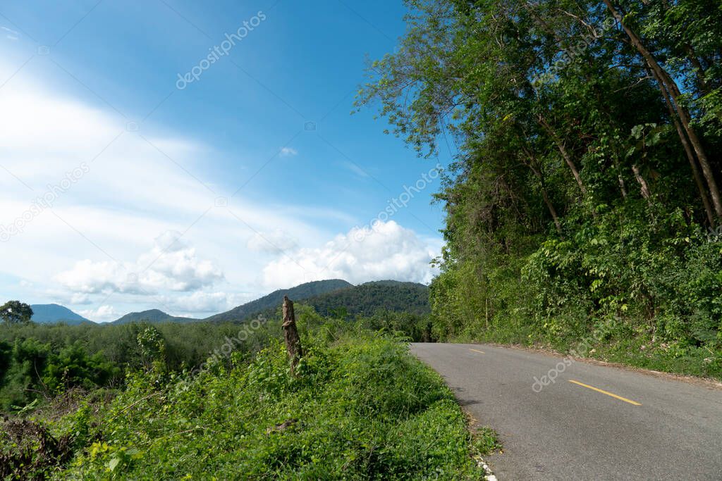 Asphalt road path up the hill. Full of forest and in front of a distant mountain view. Under the blue sky and white cloud.