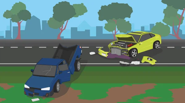 Incidente Auto Nella Parte Posteriore Camion Una Strada Asfaltata Fuori — Vettoriale Stock