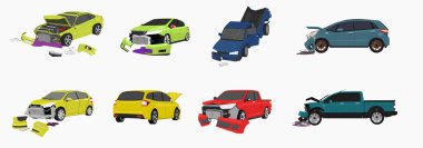 Farklı durumlardaki arabalar. Trafik kazasında. Ön taraf ağır hasar gördü..