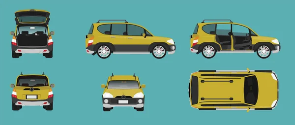 Berbagai Pemandangan Kendaraan Pribadi Kuning Pada Latar Belakang Hijau Yang - Stok Vektor