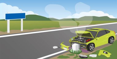An accident in a yellow car hit a pillar on the side of a road. The front engine was severely damaged and smoke ejected.  On asphalt roads on rural areas with wide fields and mountains. clipart