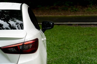 Çimlere parkedilmiş beyaz bir arabaya tünemiş yağmur damlası..