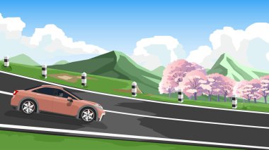 Şoförlü sedan arabalar. Tepelerden aşağı inen asfalt bir yolda. Ve yeşil çimenler ve renkli bahar ağaçları ile çevrili. Yeşil dağın, beyaz bulutların ve mavi gökyüzünün arka planı.