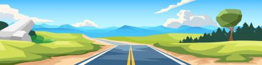 Doğa iki taraflı asfalt yola giden düz yolun yatay görüntüsü. Açık tepelerde sırayla giden düz bir yol. Dağın arka planı ve mavi gökyüzünün altındaki bulutlar. Pankart arkaplanı için.