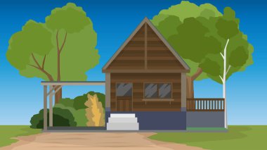 Özel bir orman evinin taşıyıcısı ya da illüstrasyonu. Evin arka tarafındaki ağaçların arka planı. Evin önünde yeşil çimenler ve toprak yol var. Mavi gökyüzünün altında.
