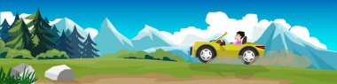Sürücü ile yatay ya da yatay spor araba sarı renkli. Hız ve tozla tepelere doğru gidiyor. Taşlı yeşil çayır. Çam ormanlarının ve büyük dağların arka planı. Mavi gökyüzünün altında.