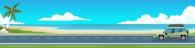 Sevgilisi olan bir aile arabasıyla seyahat ediyor. Güzel plajlarda asfalt yol. Sahildeki hindistan cevizi ağaçlarının doğası. Beyaz gökyüzü ve bulutların altında açık deniz. Pankart ekranı için.