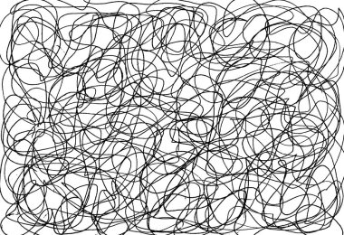 Beyaz arka plandaki kaotik ince çizgilerin soyut dokulu arka planı. Siyah çizgiler. Eğimli ve dalgalı. Dinamik olarak kesişiyor ve karalamalar oluşturuyor. Mürekkep kalemi. Tek Renkli.