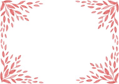 Çerçeve. Sol ve sağ taraflarda farklı boyutlarda yapraklardan oluşan desenler var. Kırmızı renk ve gölgeler. Renkli kalemlerle çizim yapmak. Beyaz kopya alanı. Davet, kartpostal, sertifika
