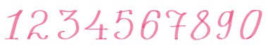 Harf kümesi numaralar. Bir, iki, üç, dört, beş, altı, 7,8,9,0. El yazısı yazı tipi. Kalemle yazılmış, elle. Farklı şekillerde. Pembe renk. Peş peşe yazılmış. Beyaz bir arkaplanda izole edilmiş.