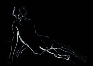Çıplak bir kadının çizimi. Contour beyaz çizim. Siyah arka planda izole edilmiş. Kadın uzanıyor. Dikiz aynası. Kısa saç stili. Modellik. Kaotik, yolun sonuna getirilmez..