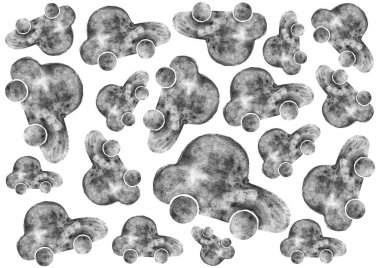 Araba siluetlerinin stilize çizimleri. Profildeki araba, basit bir şekil. Grinin farklı tonları. Suluboya. Çeşitli dokuları var. Farklı boyutlarda. Beyaz arkaplana kaotik bir şekilde yerleştirilmiş.