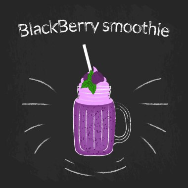 BlackBerry güler yüzlü bir kokteyl bardağı taşıran damla ve krem bir kavanoza. Beyaz tebeşir ile kara tahta üzerinde renk eskiz.