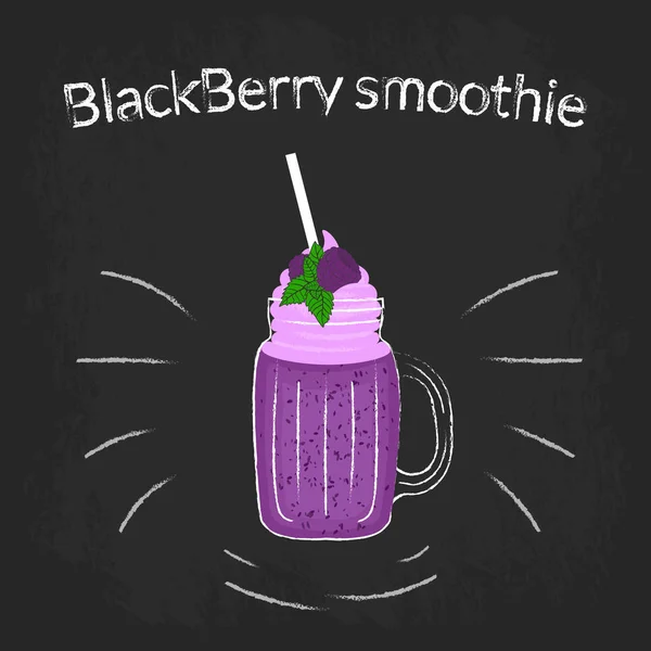 BlackBerry lichotníku ve sklenici s koktejl slámy a smetanou. Barevná skica na černé desce s bílou křídou. Royalty Free Stock Vektory