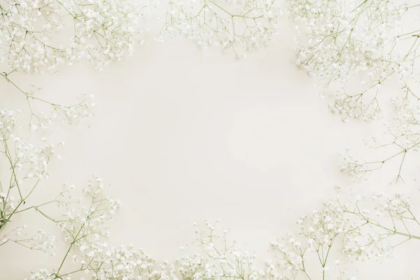 框架与复制空间的白色满天星花花束图案 顶级景观节日背景 — 图库照片
