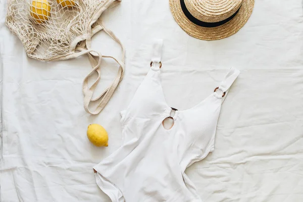 Female Summer Swim Fashion Concept Flat Lay Top View Minimal — Stock Photo, Image