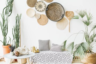 Modern en az ev iç tasarım. Yastıklar, altın demlik, Dekoratif saman tabak, İskandinav battaniye, tropikal palmiye ağacı, sulu ve dekorasyon.