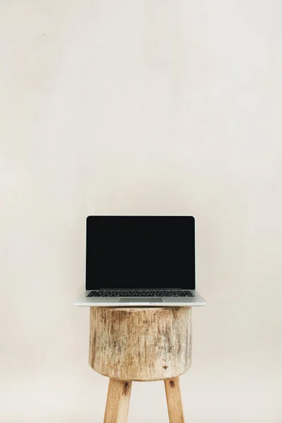 Widok Przodu Laptopa Drewnianym Krześle Still Life Blog Bohater Nagłówka — Zdjęcie stockowe