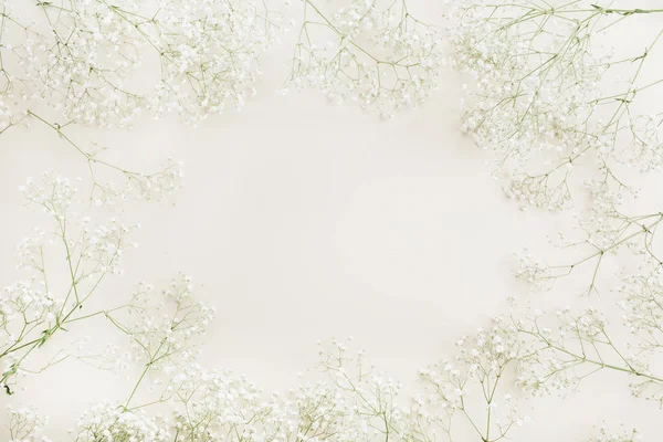 白色满天星花花束图案的框架 顶视图节日模拟背景 — 图库照片