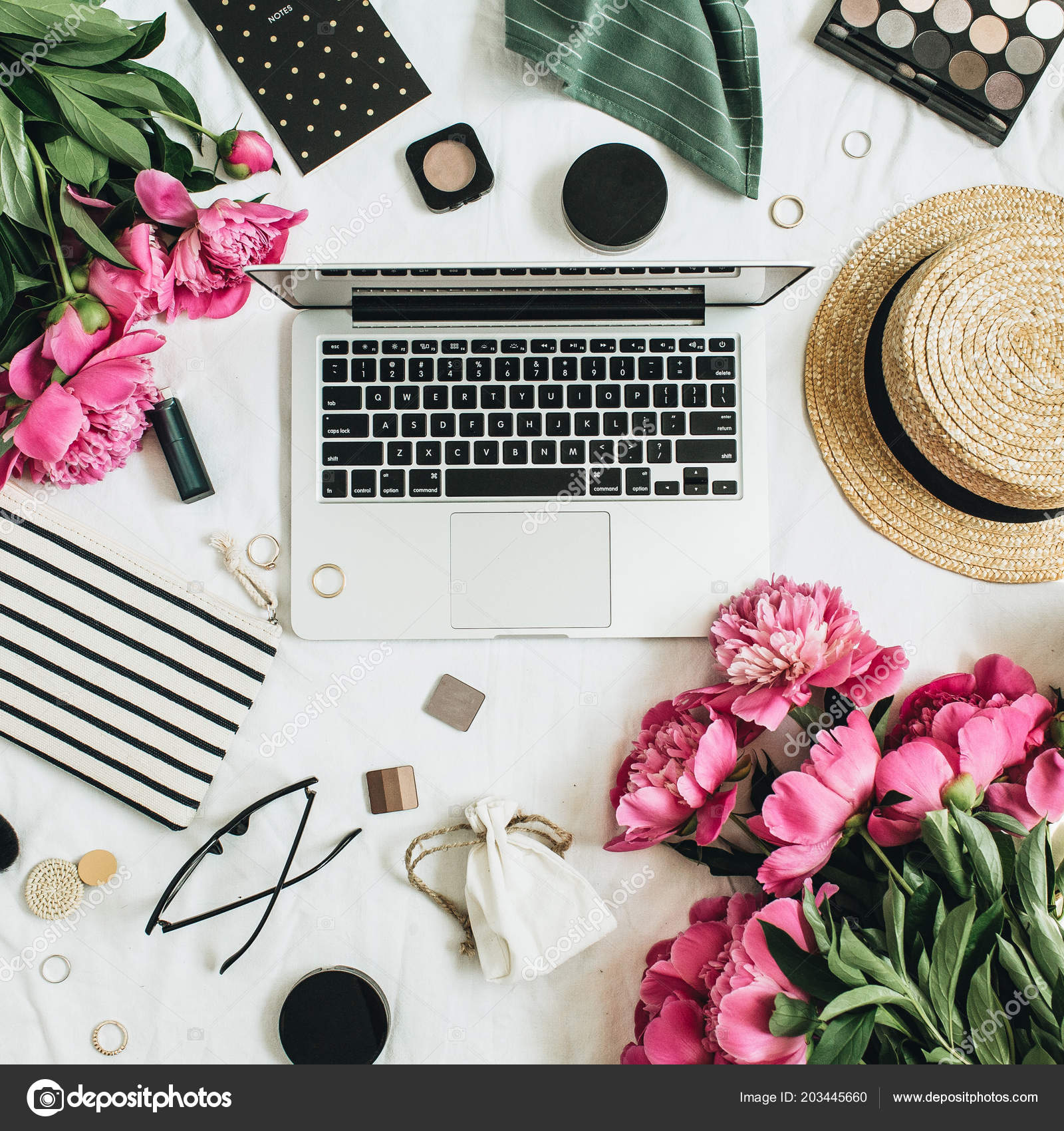 Flat Lay Top View Women Fashion Office Desk Workspace Peony