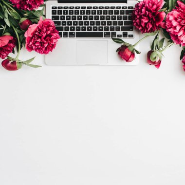 Beyaz arka plan üzerinde laptop ve pembe şakayık çiçekleri ile en az çalışma alanı. Düz yatıyordu, en iyi görünümü blog kahraman başlığı.