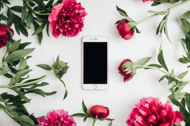 Beyaz arka plan üzerinde pembe peonies çiçeklerin çerçevede cep telefonu. Düz yatıyordu, en iyi görünümü kadar sahte.